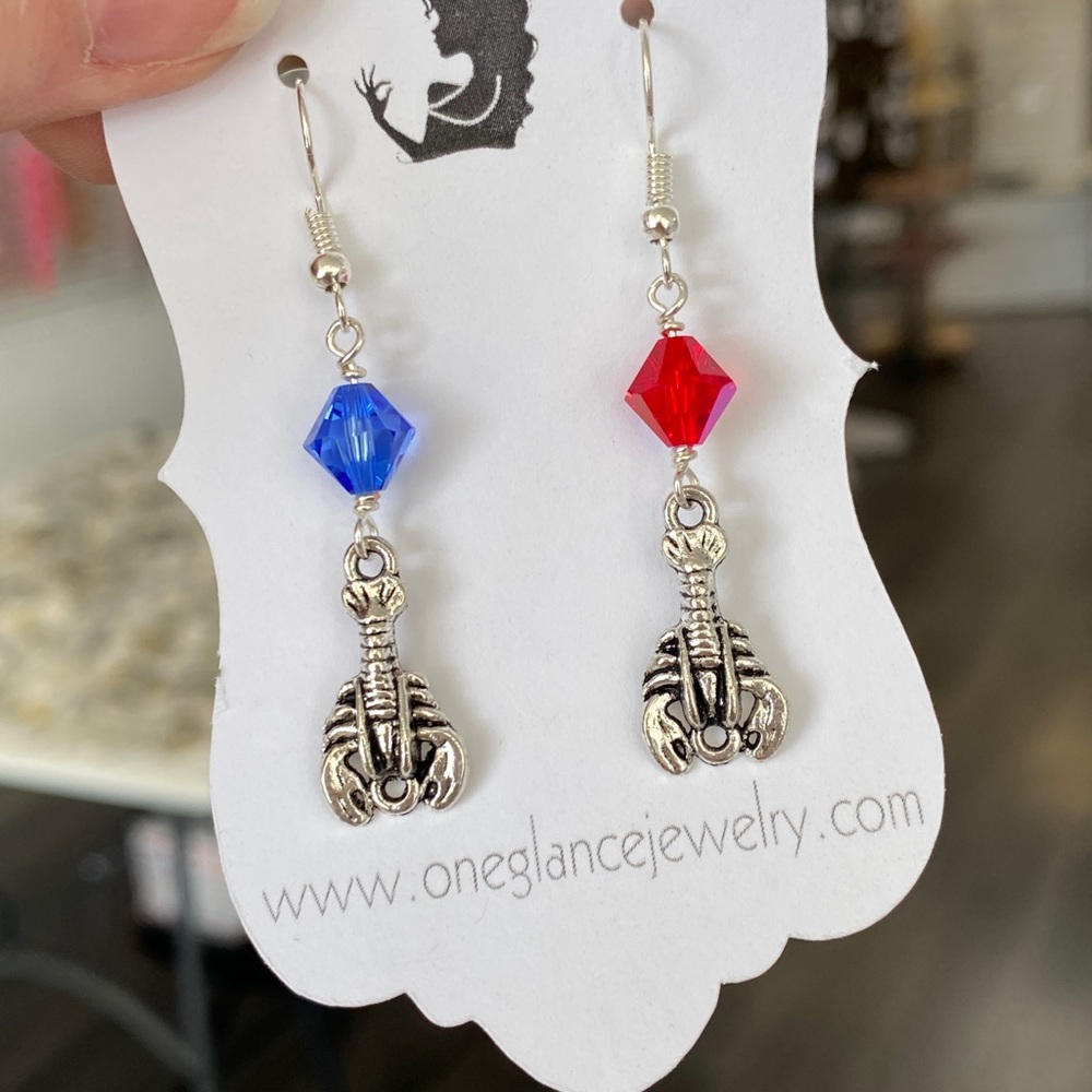 Silver Lobster Earrings with Red and Blue Crystals